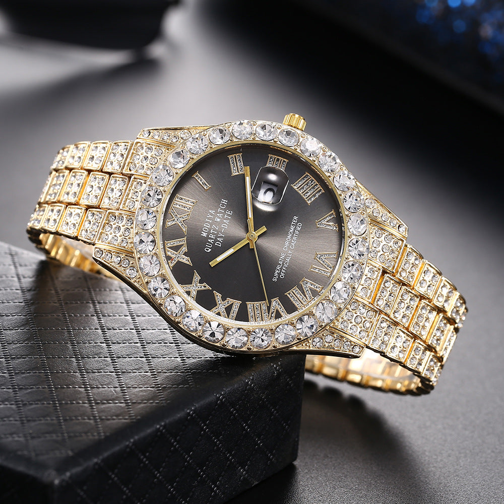 Rhinestone Calendar Men's Alloy Watch