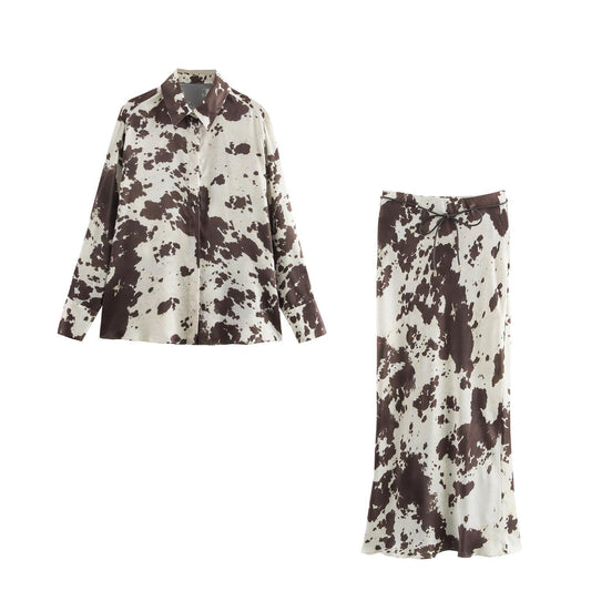 High Waist Mid Skirt Suit - Animal Print Loose Shirt and