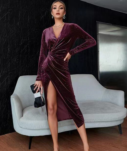 Velvet Long Sleeve Evening Dress
