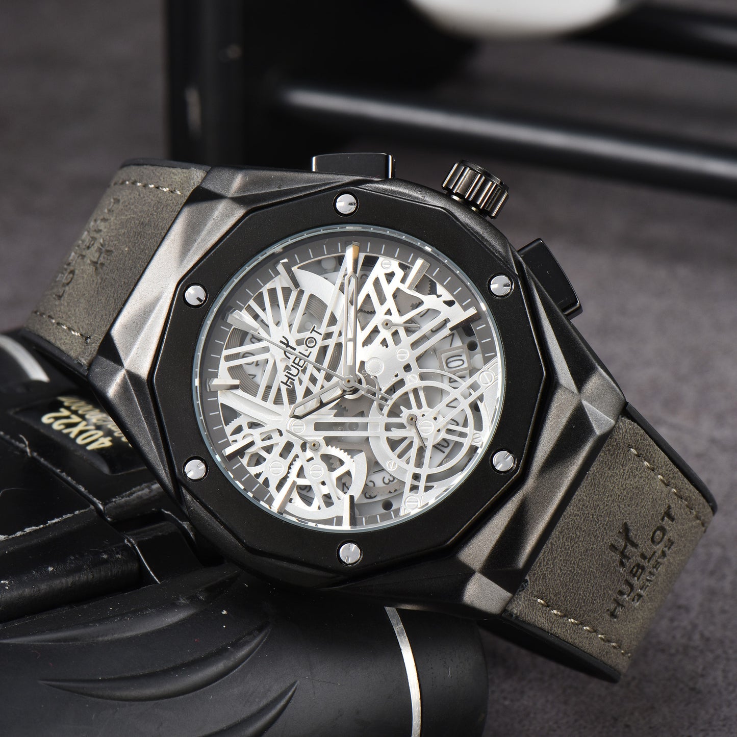 Hollow Chronograph Quartz Watch with Leather/Rubber Strap