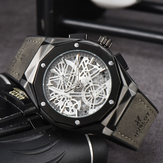 Hollow Chronograph Quartz Watch with Leather/Rubber Strap