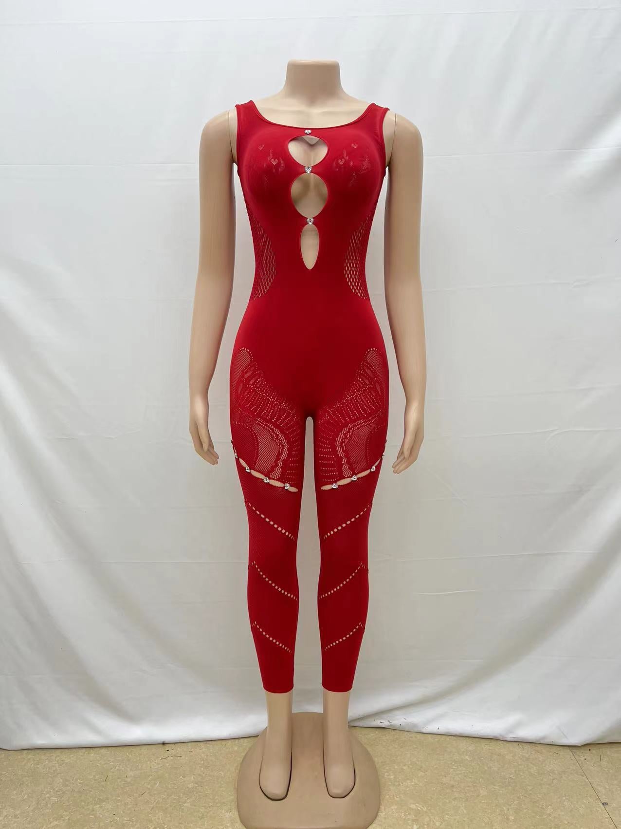 Women's Tight Hollow Mesh Lace Rhinestone Strap Jumpsuit