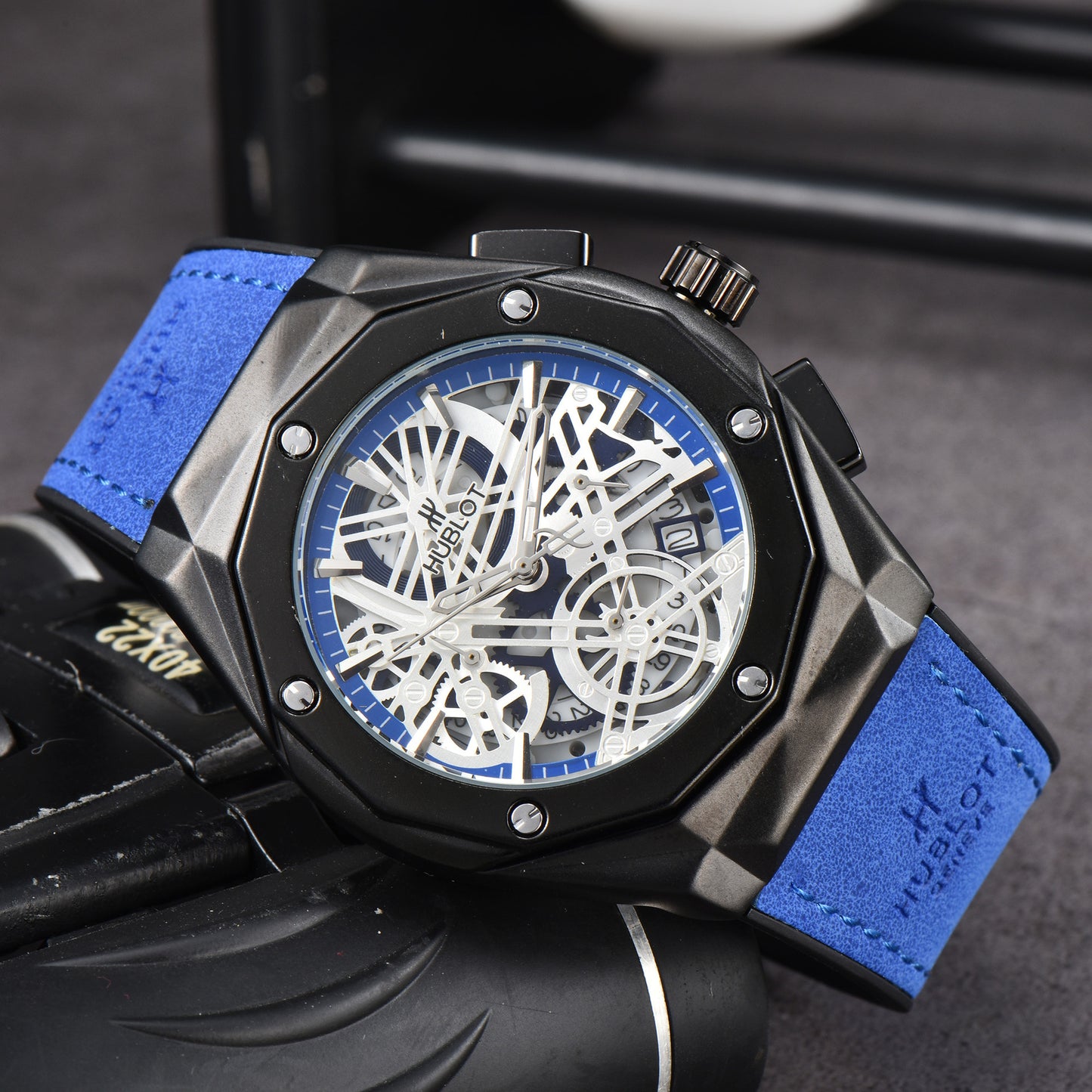 Hollow Chronograph Quartz Watch with Leather/Rubber Strap