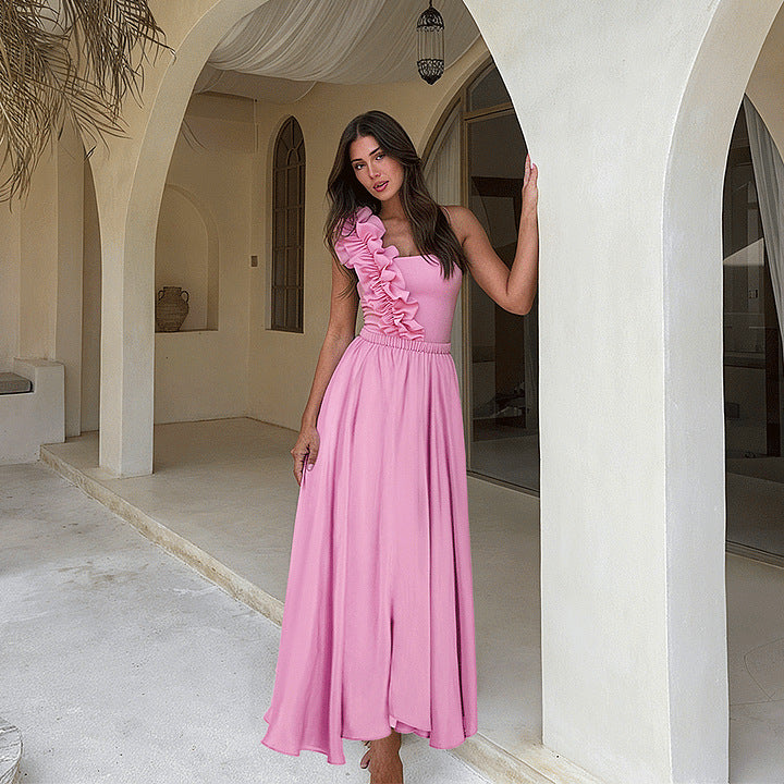 Pink One-Shoulder Ruffle Swimsuit with Skirt