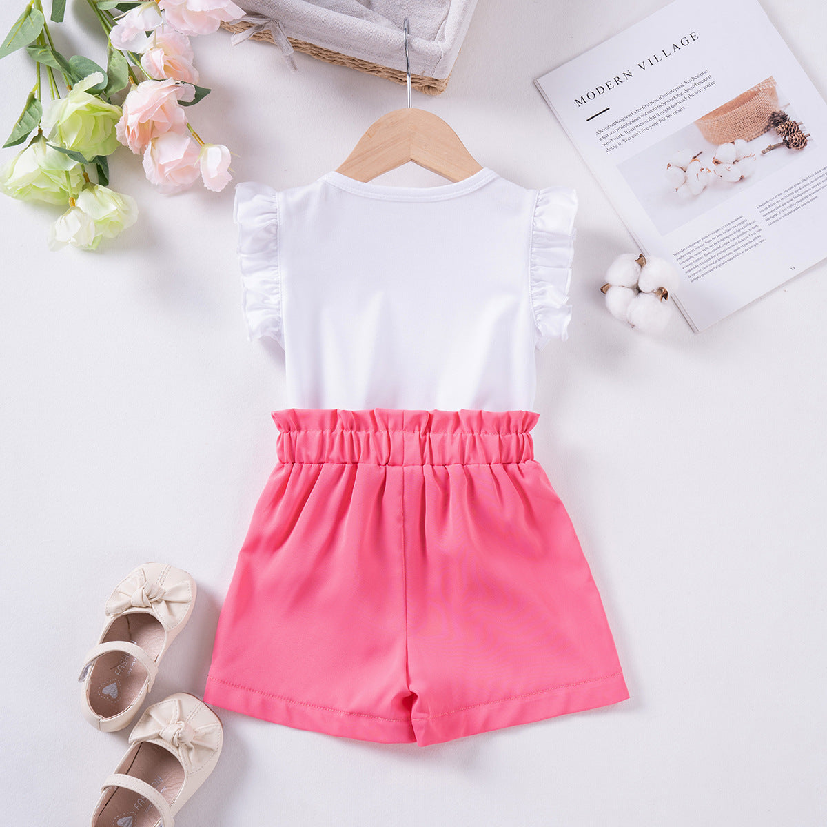 Flying Sleeve Love Printed T-shirt - Sweet Casual Two-Piece