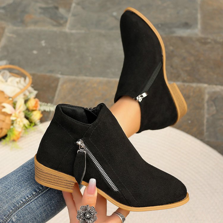 Genuine Leather Ankle Boots with Side Zipper - Chunky Heel
