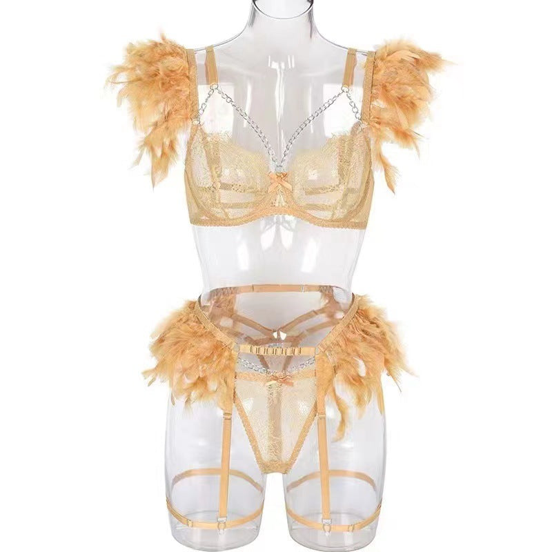 Elegant Lace and Feather Trim Underwear Set
