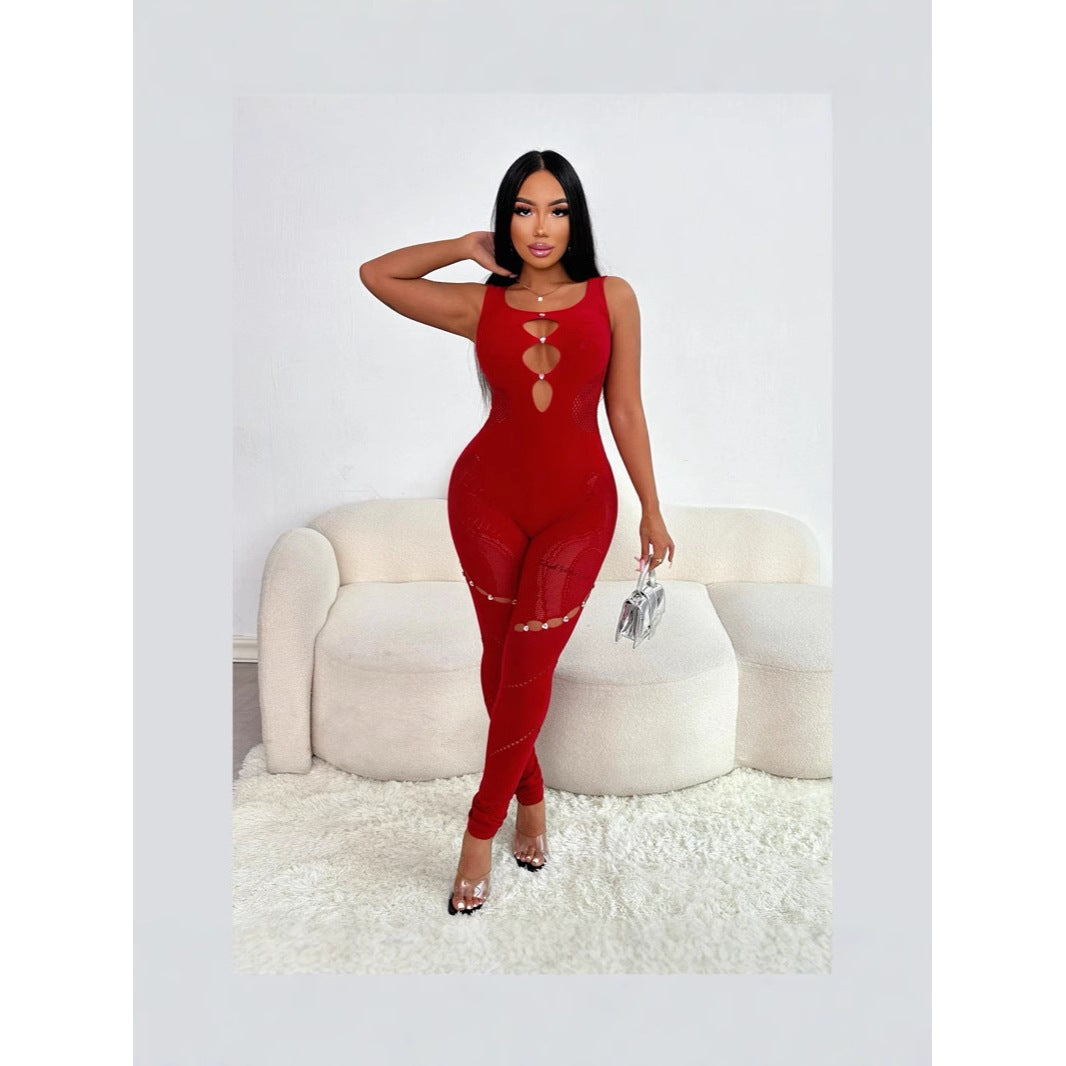 Women's Tight Hollow Mesh Lace Rhinestone Strap Jumpsuit