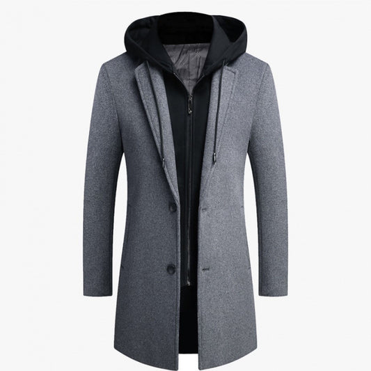 Men's Slim Fit Woolen Coat with Removable Hood
