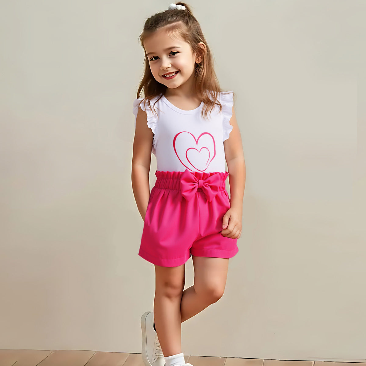 Flying Sleeve Love Printed T-shirt - Sweet Casual Two-Piece