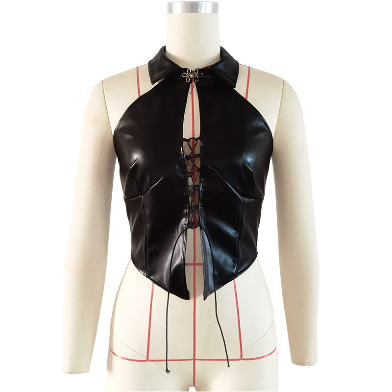 Strappy Backless PU Sleeveless Vest