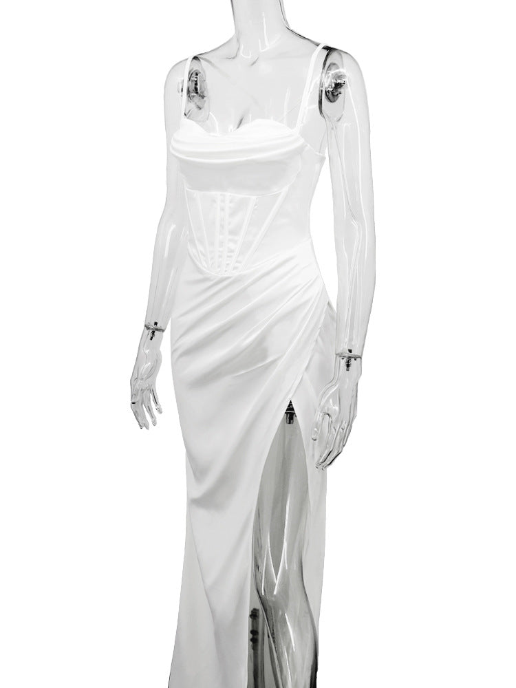 Long Dress with Fishbone Strap - Elegant Solid Color