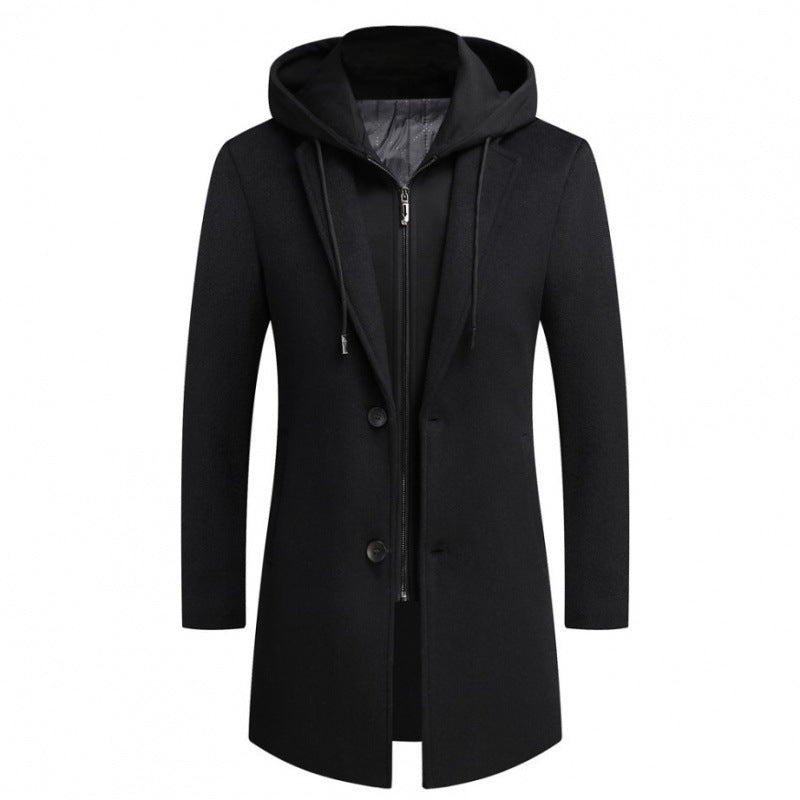 Men's Slim Fit Woolen Coat with Removable Hood