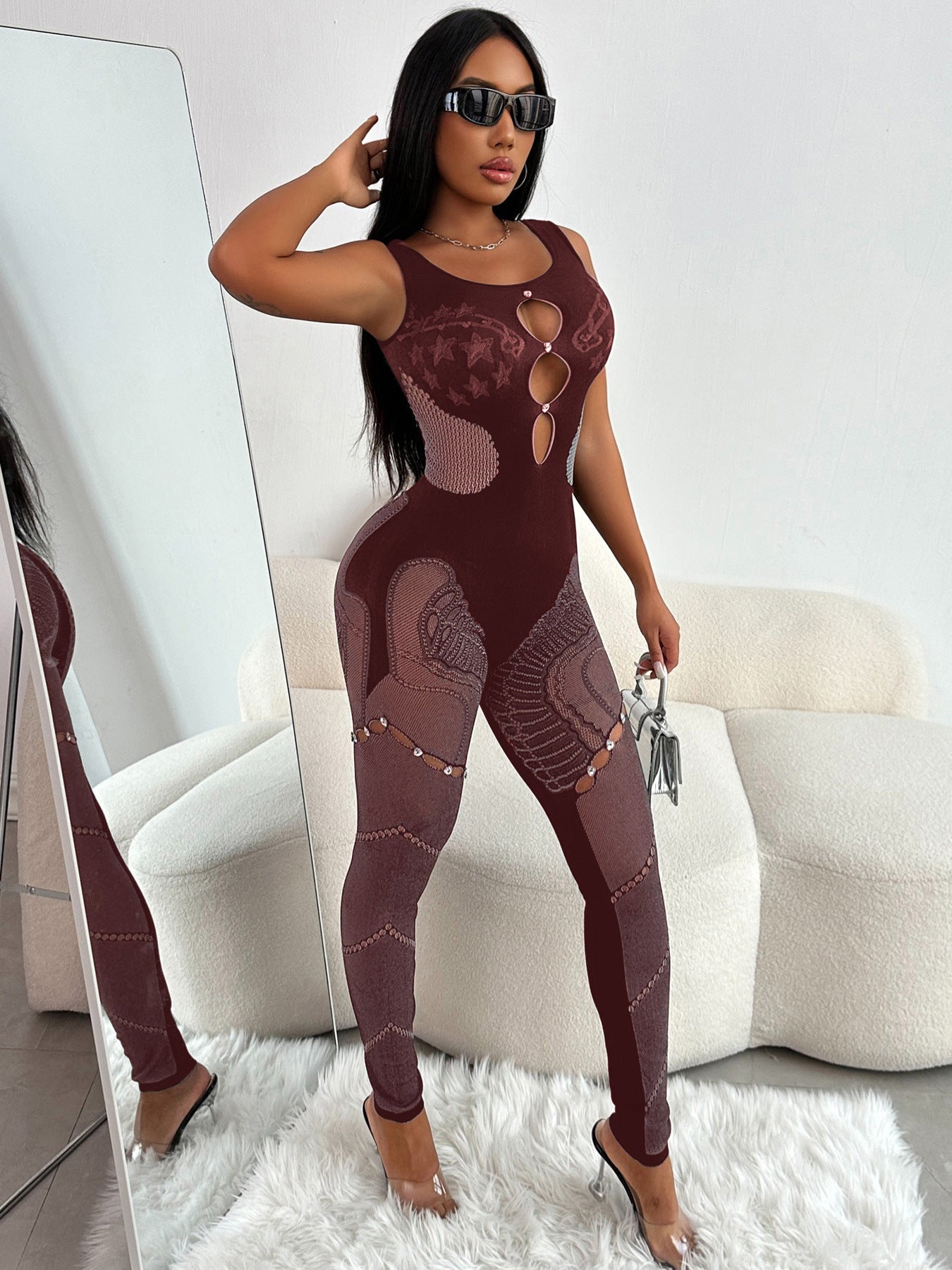Women's Tight Hollow Mesh Lace Rhinestone Strap Jumpsuit