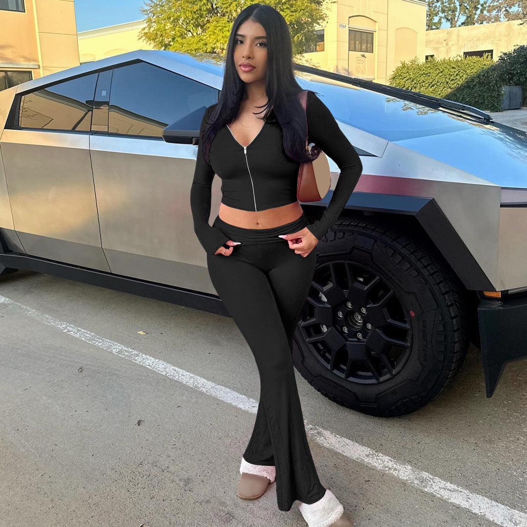 Hooded Top and Flared Pants Suit