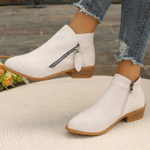 Genuine Leather Ankle Boots with Side Zipper - Chunky Heel