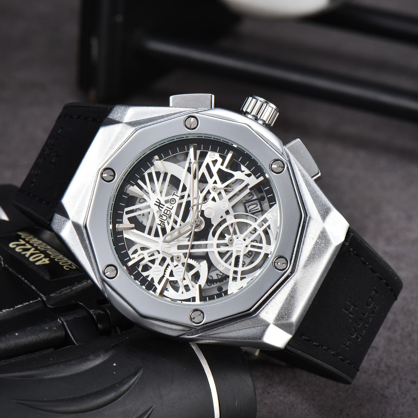 Hollow Chronograph Quartz Watch with Leather/Rubber Strap