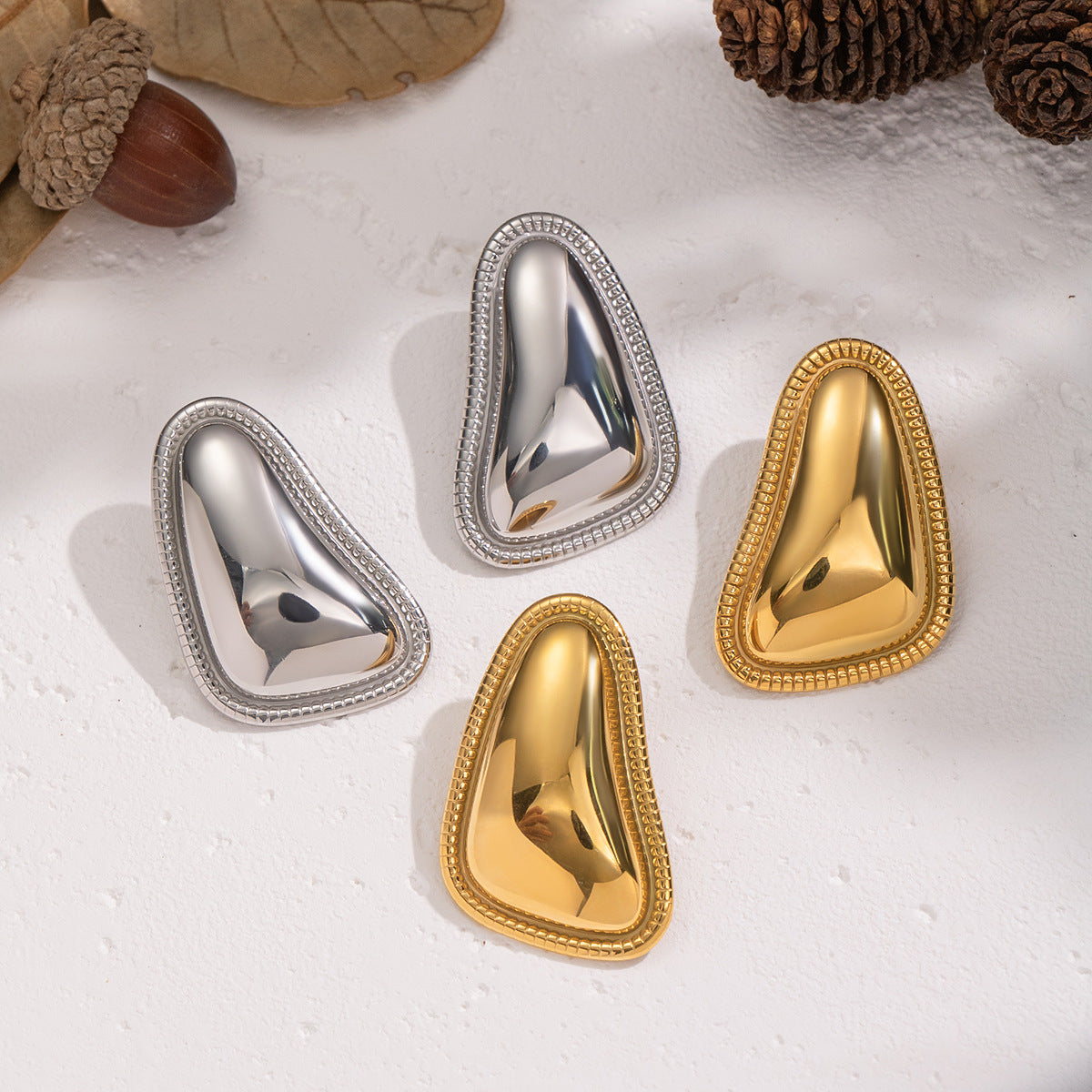 Gold Plated Earrings - Geometric Triangle Lace Edge