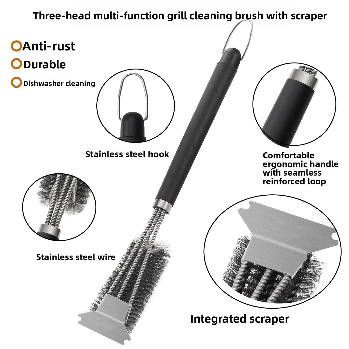 BBQ Grill Cleaning Brush - Stainless Steel Three-Head
