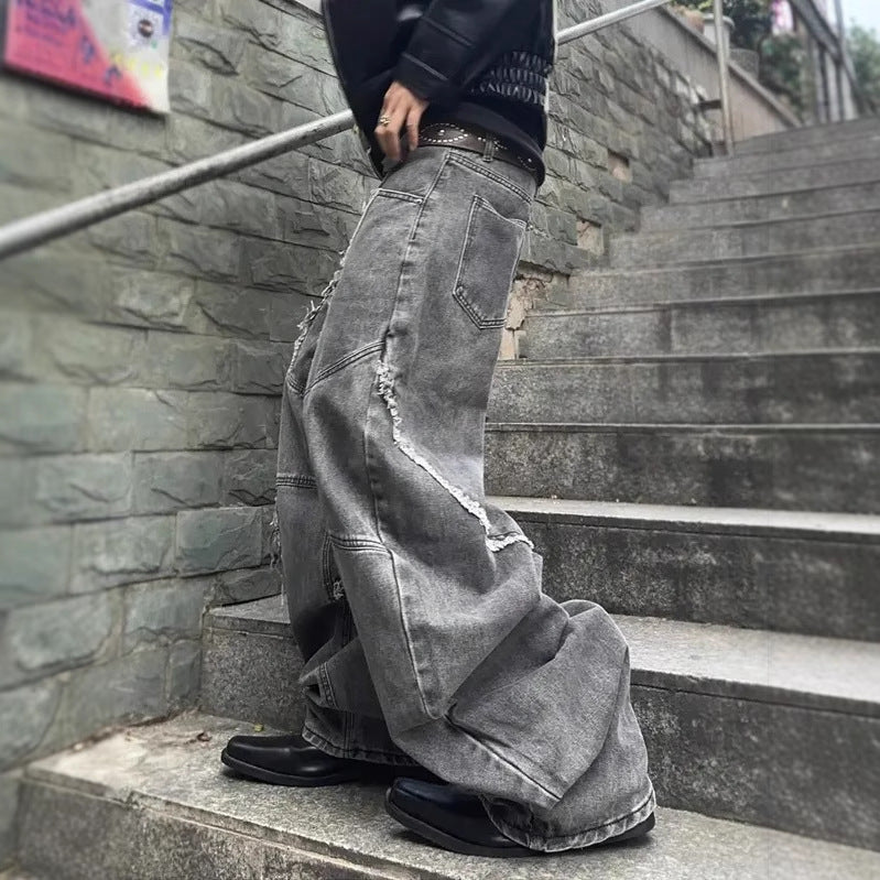 American Retro Washed Distressed Jeans - Loose Straight Pants