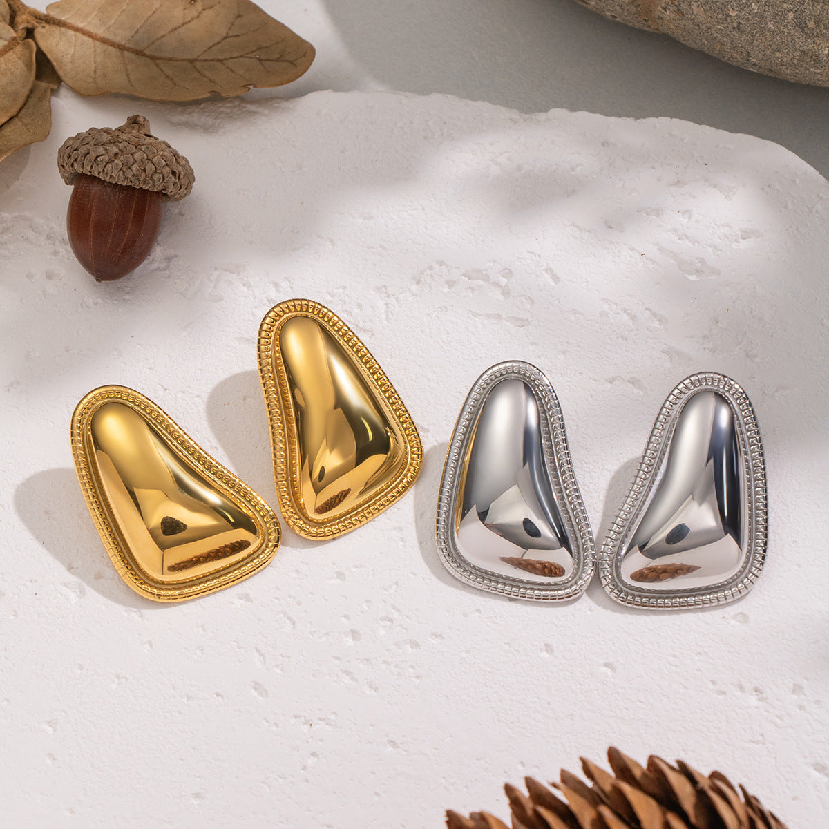 Gold Plated Earrings - Geometric Triangle Lace Edge