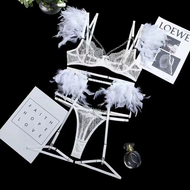 Elegant Lace and Feather Trim Underwear Set