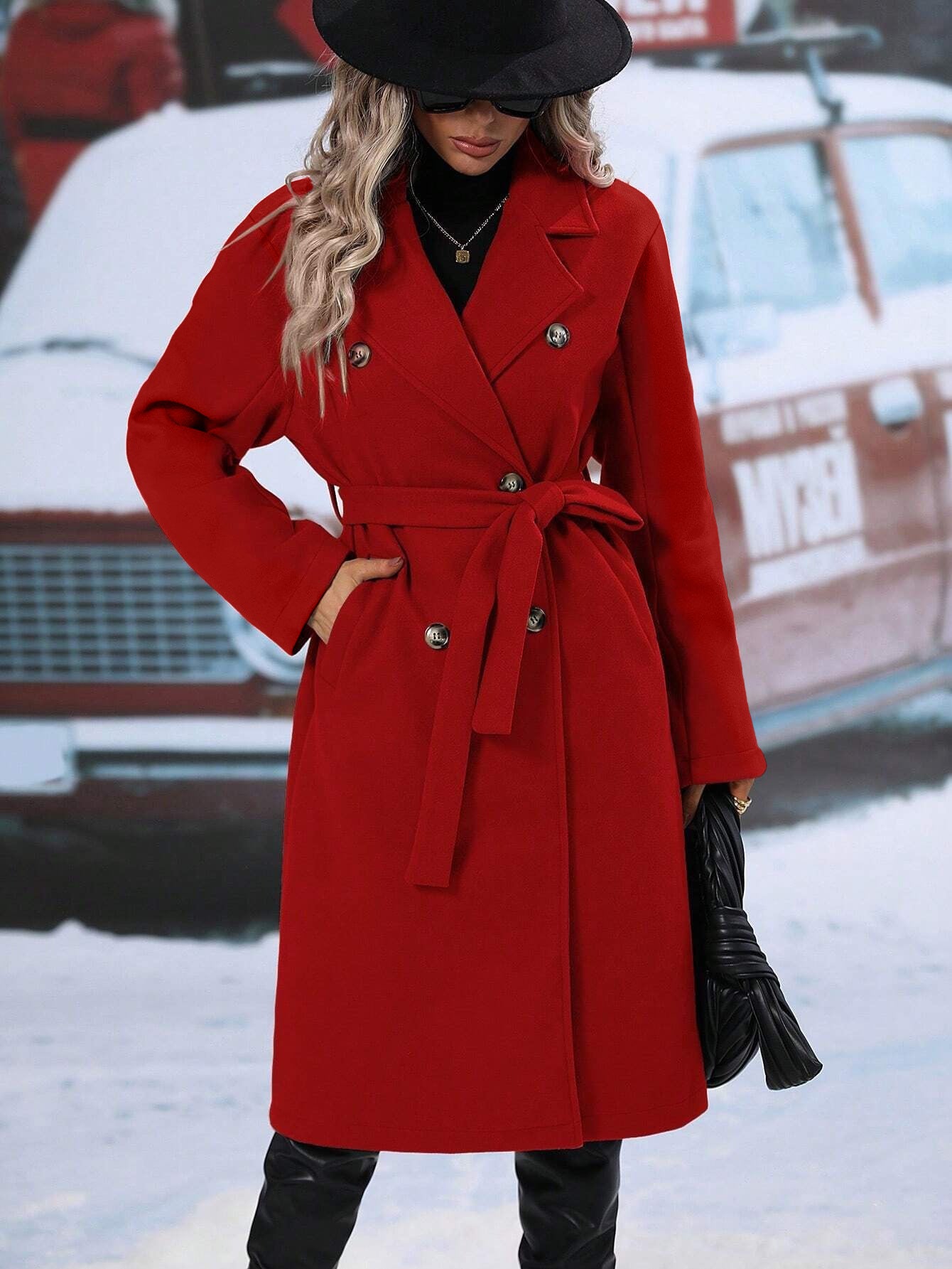 Women's Double-Breasted Belted Wool Coat