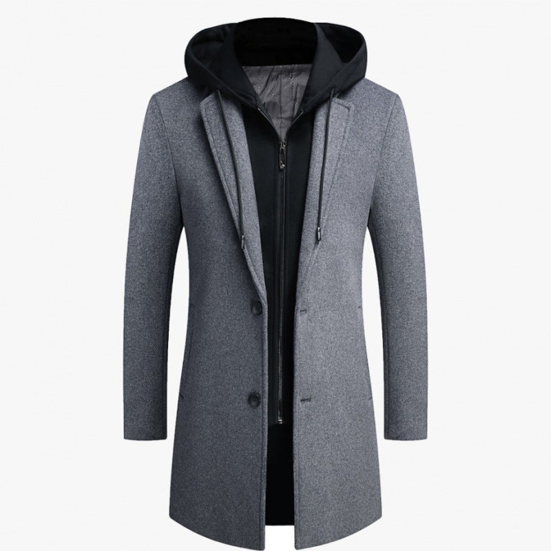 Men's Slim Fit Woolen Coat with Removable Hood