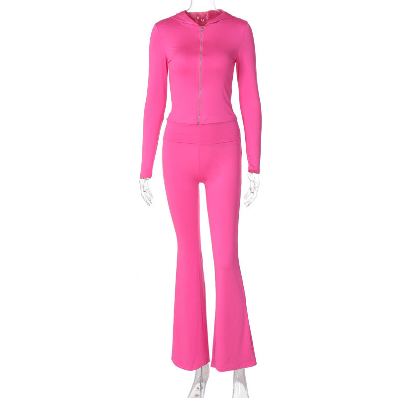 Hooded Top and Flared Pants Suit