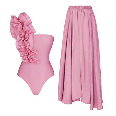Pink One-Shoulder Ruffle Swimsuit with Skirt