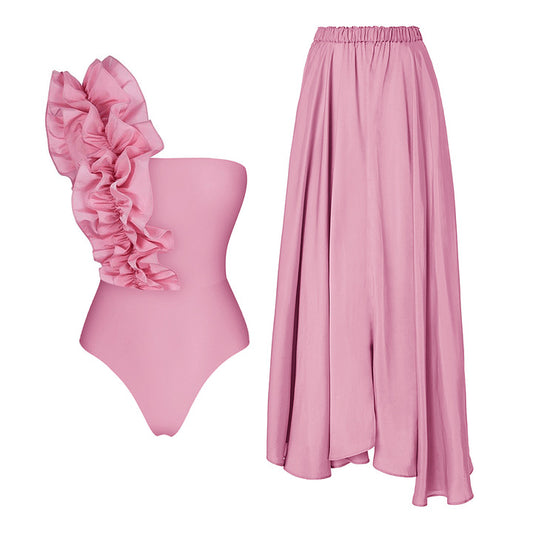 Pink One-Shoulder Ruffle Swimsuit with Skirt