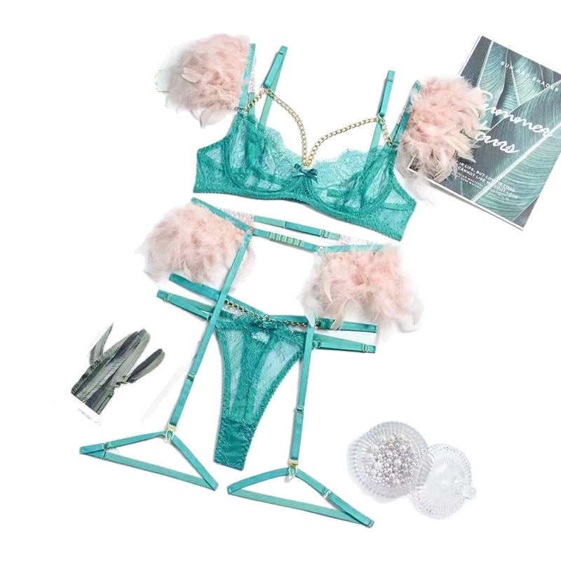 Elegant Lace and Feather Trim Underwear Set