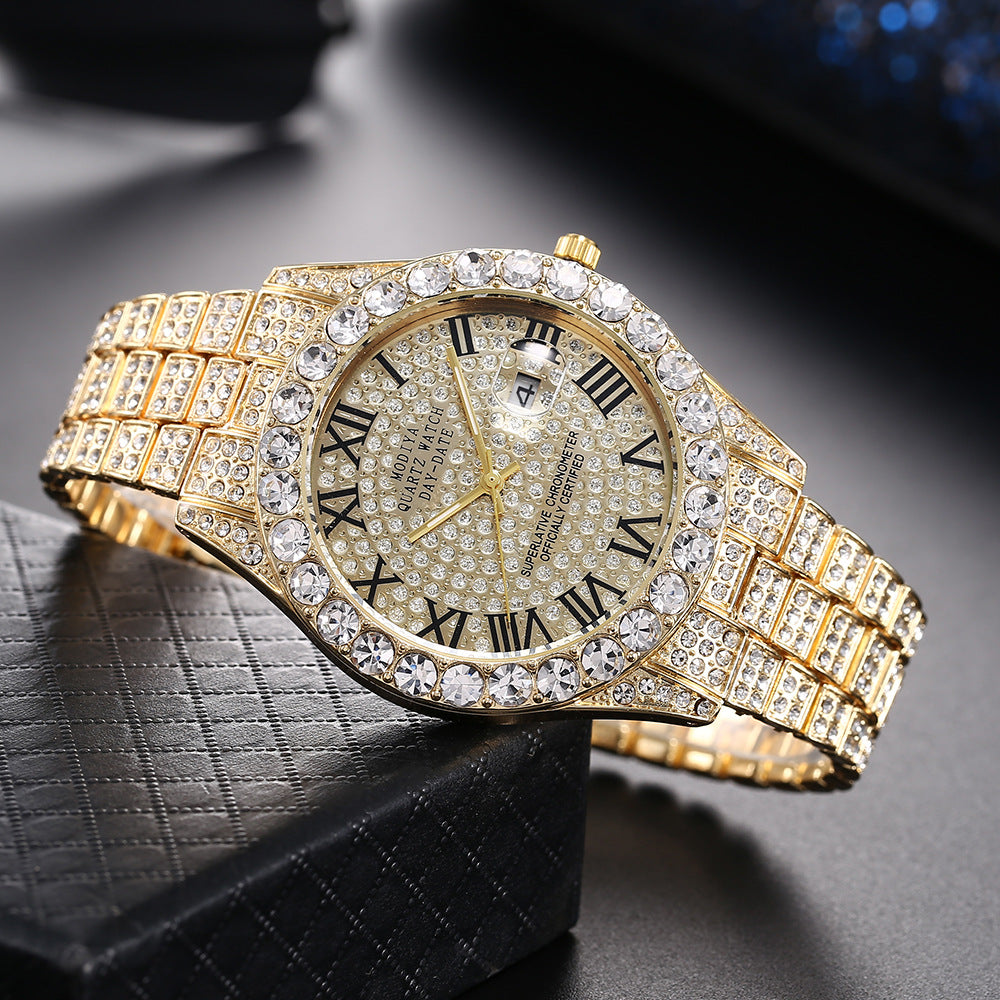 Rhinestone Calendar Men's Alloy Watch