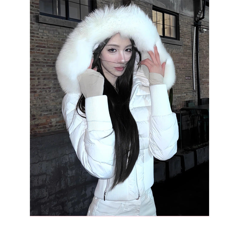 Women's White Duck Down Jacket with Detachable Faux Fur Collar