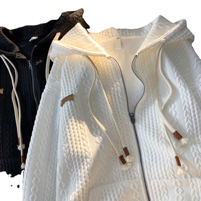 Waffle Pattern Zipper Jacket - Loose Fit Retro Style