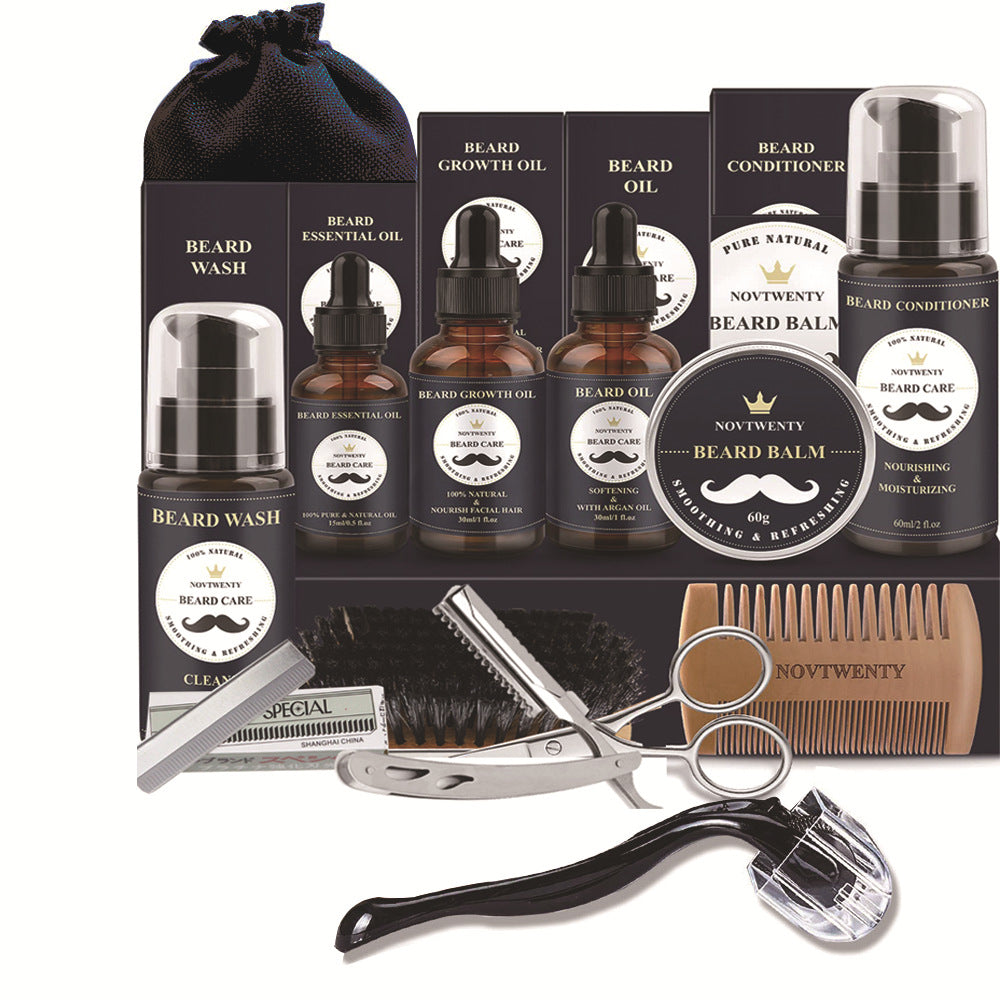 Beard Grooming Kit with Wash, Balm, Brush, Scissors, and Razor