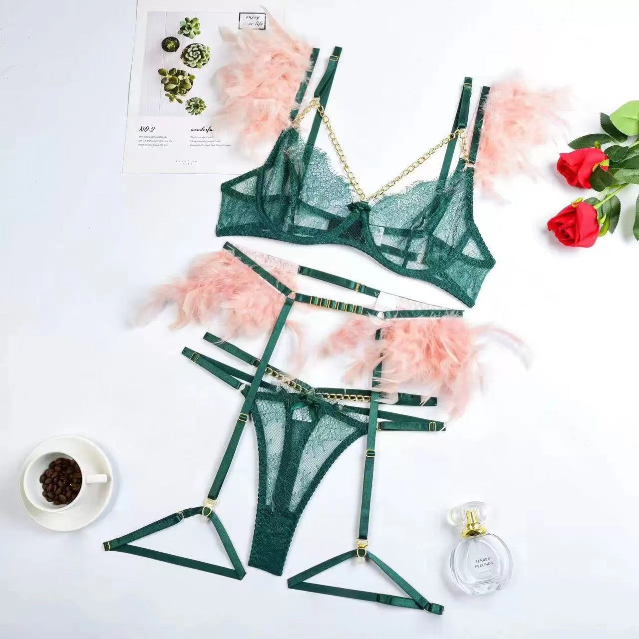 Elegant Lace and Feather Trim Underwear Set