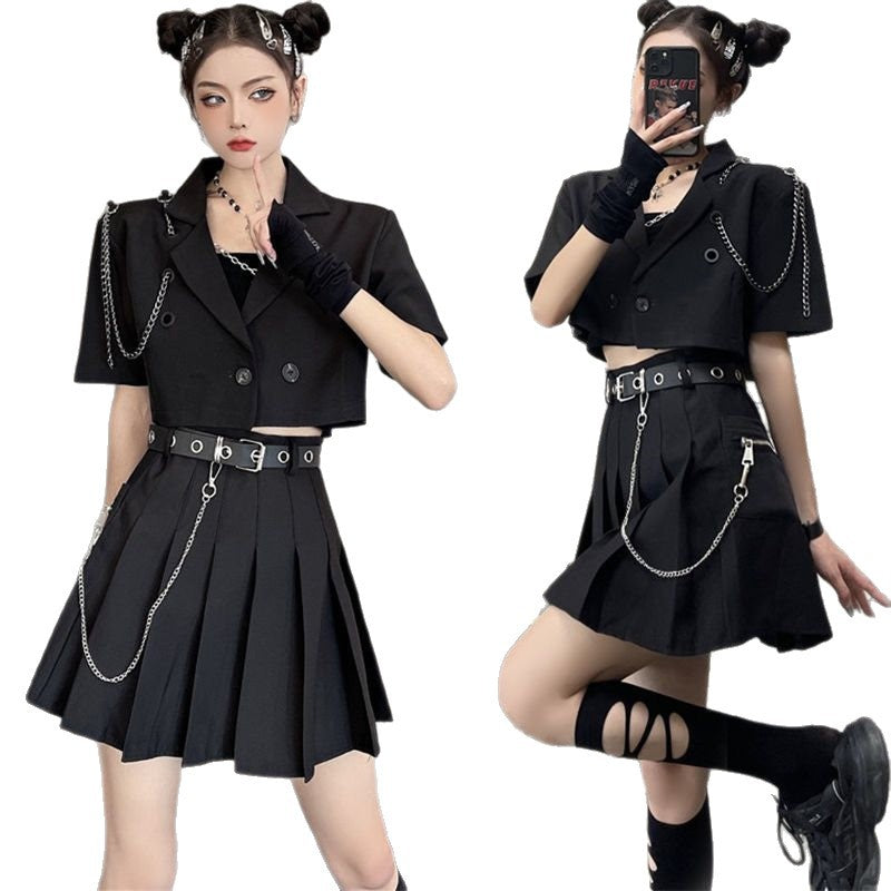 Korean Style Pleated Short Skirt with Chain Detail