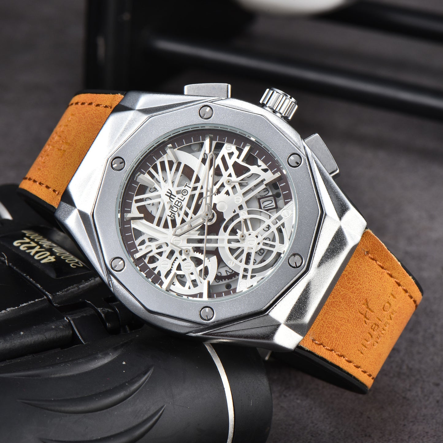 Hollow Chronograph Quartz Watch with Leather/Rubber Strap