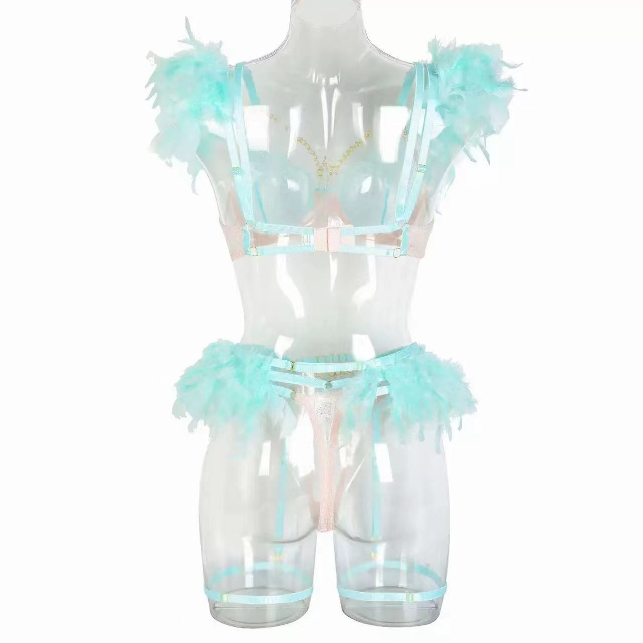 Elegant Lace and Feather Trim Underwear Set