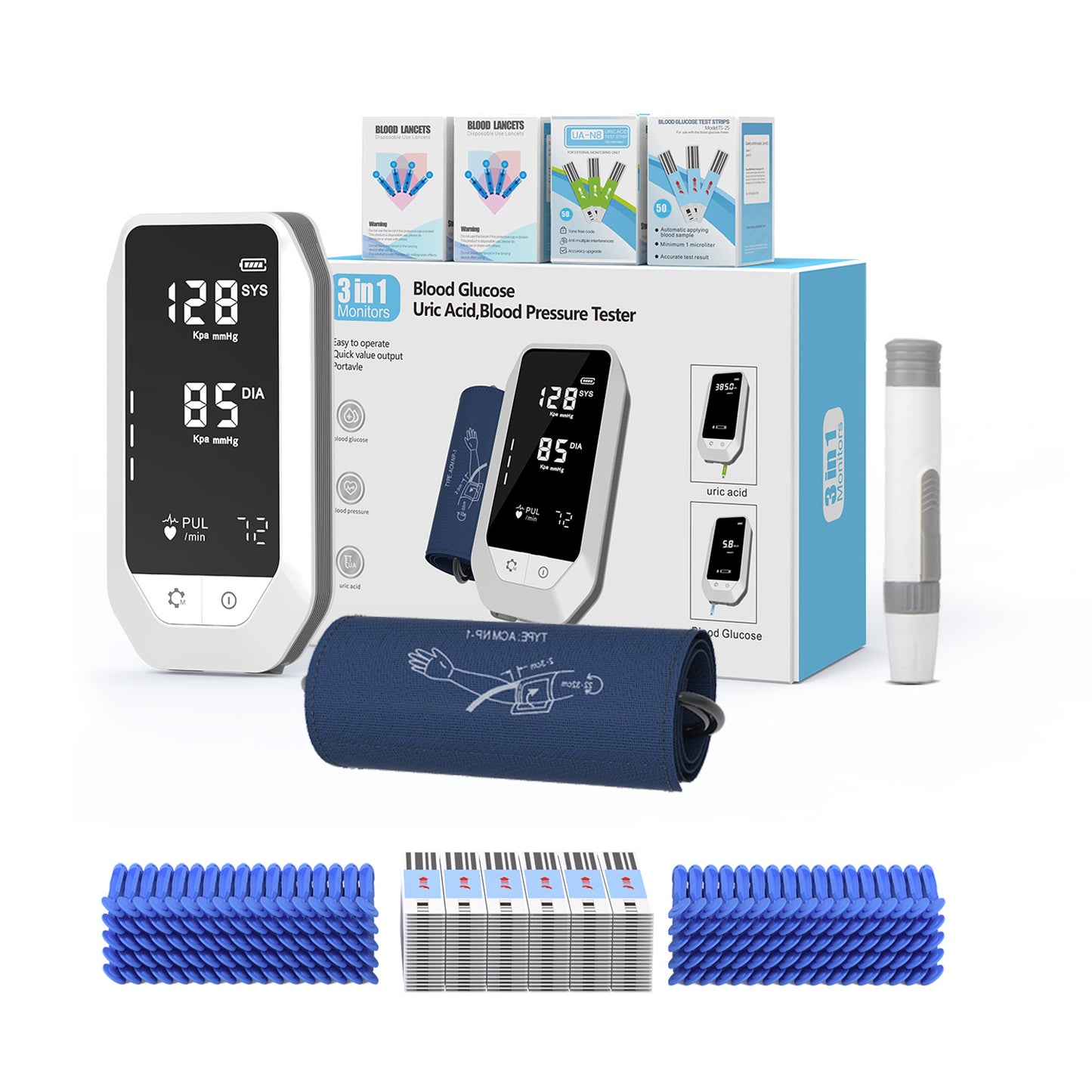 Blood Sugar, Pressure & Uric Acid Monitor with Test Strips