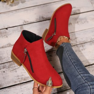 Genuine Leather Ankle Boots with Side Zipper - Chunky Heel