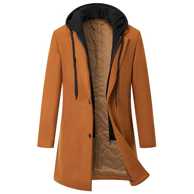 Men's Slim Fit Woolen Coat with Removable Hood