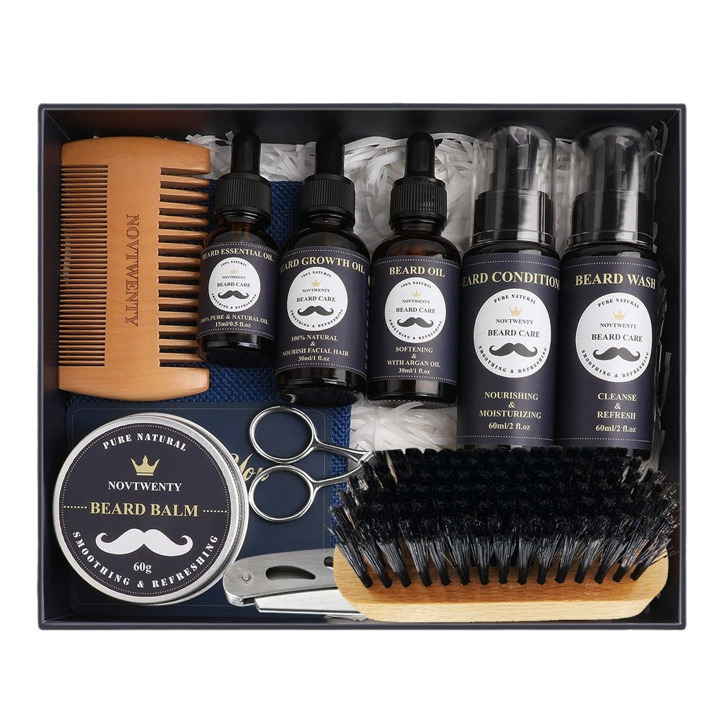 Beard Grooming Kit with Wash, Balm, Brush, Scissors, and Razor