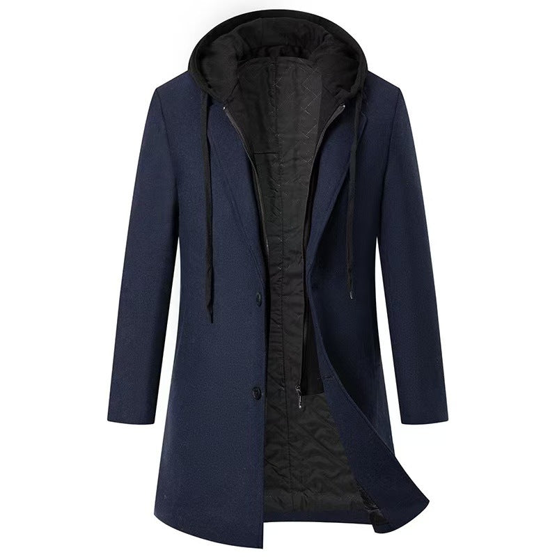 Men's Slim Fit Woolen Coat with Removable Hood