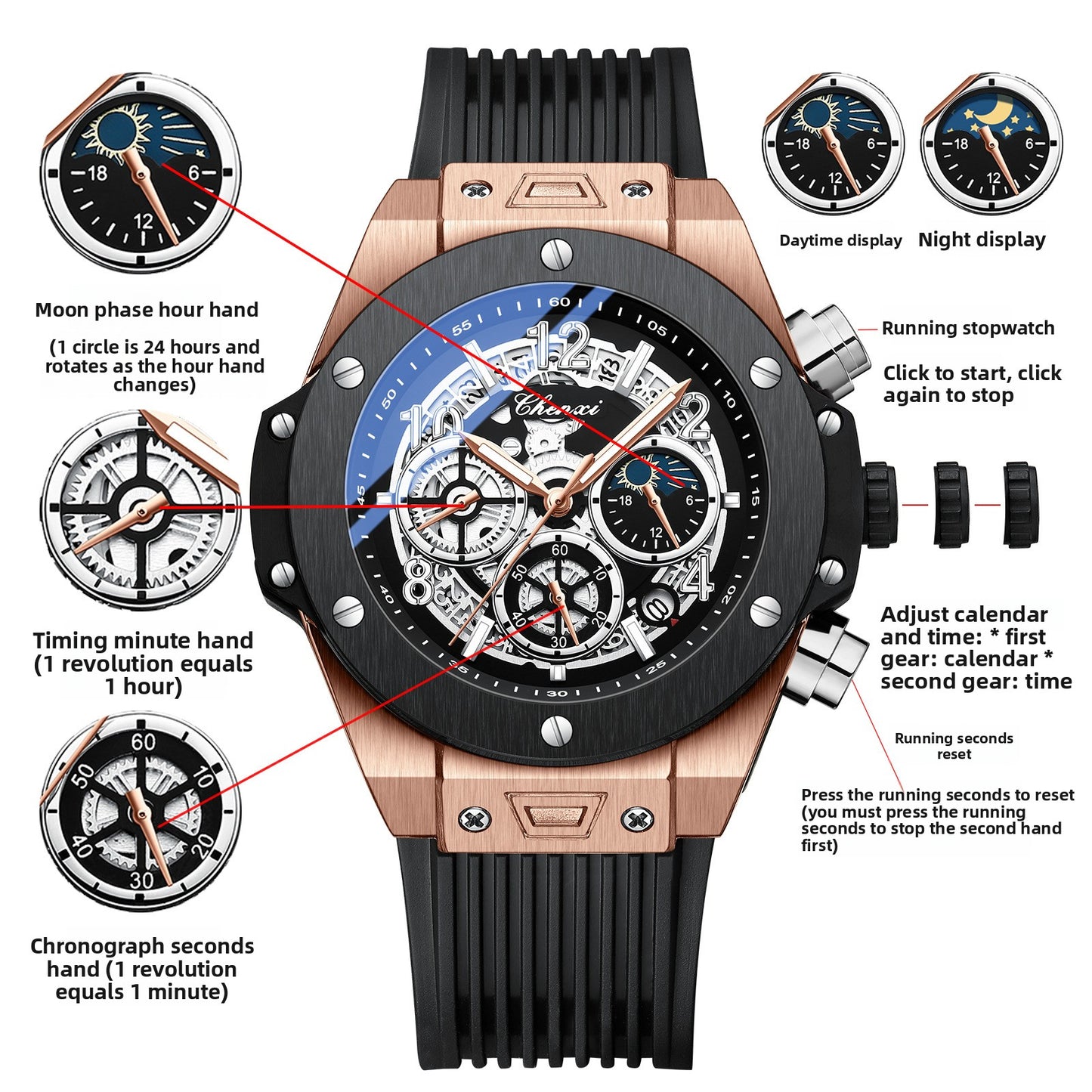 Multifunctional Men's Quartz Watch with Moon Phase and Luminous Display