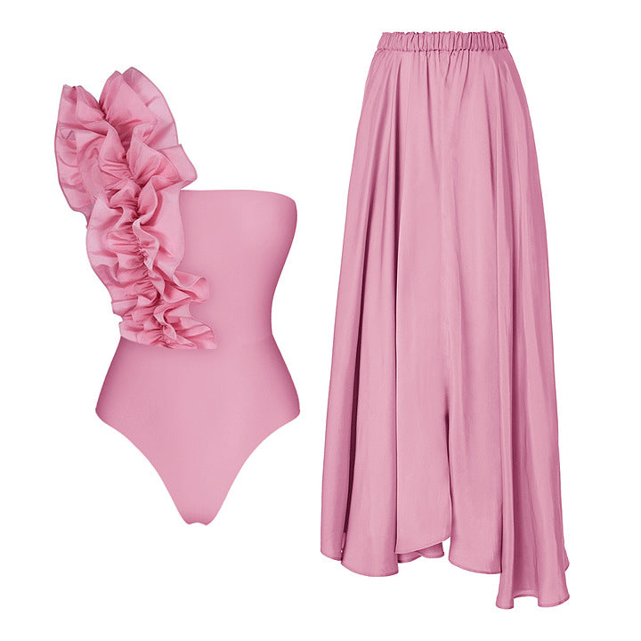 Pink One-Shoulder Ruffle Swimsuit with Skirt