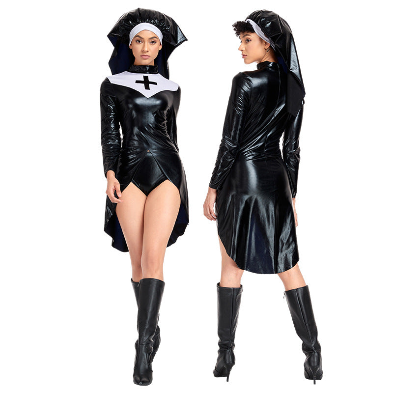 PU Leather Nun Costume with Punk Cross for Cosplay