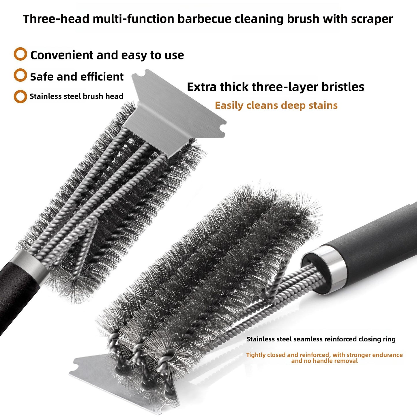 BBQ Grill Cleaning Brush - Stainless Steel Three-Head