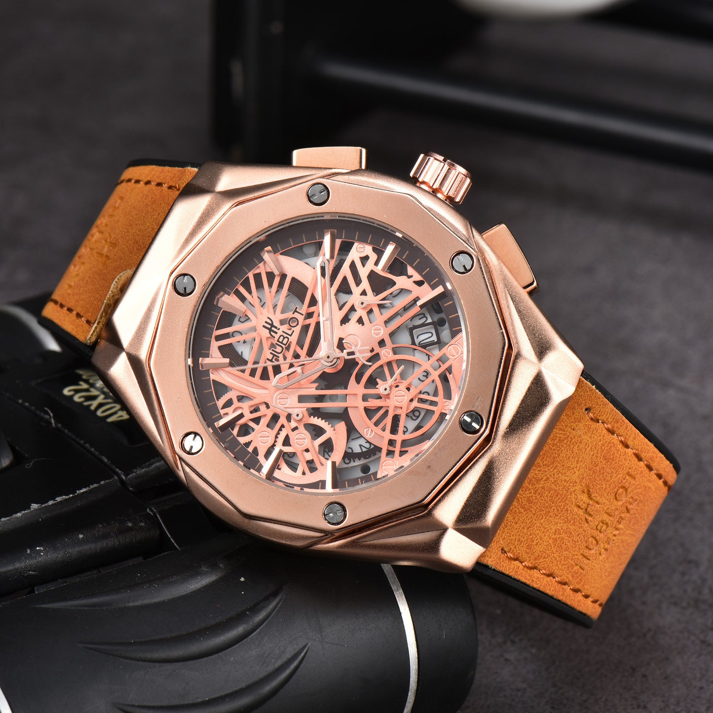 Hollow Chronograph Quartz Watch with Leather/Rubber Strap